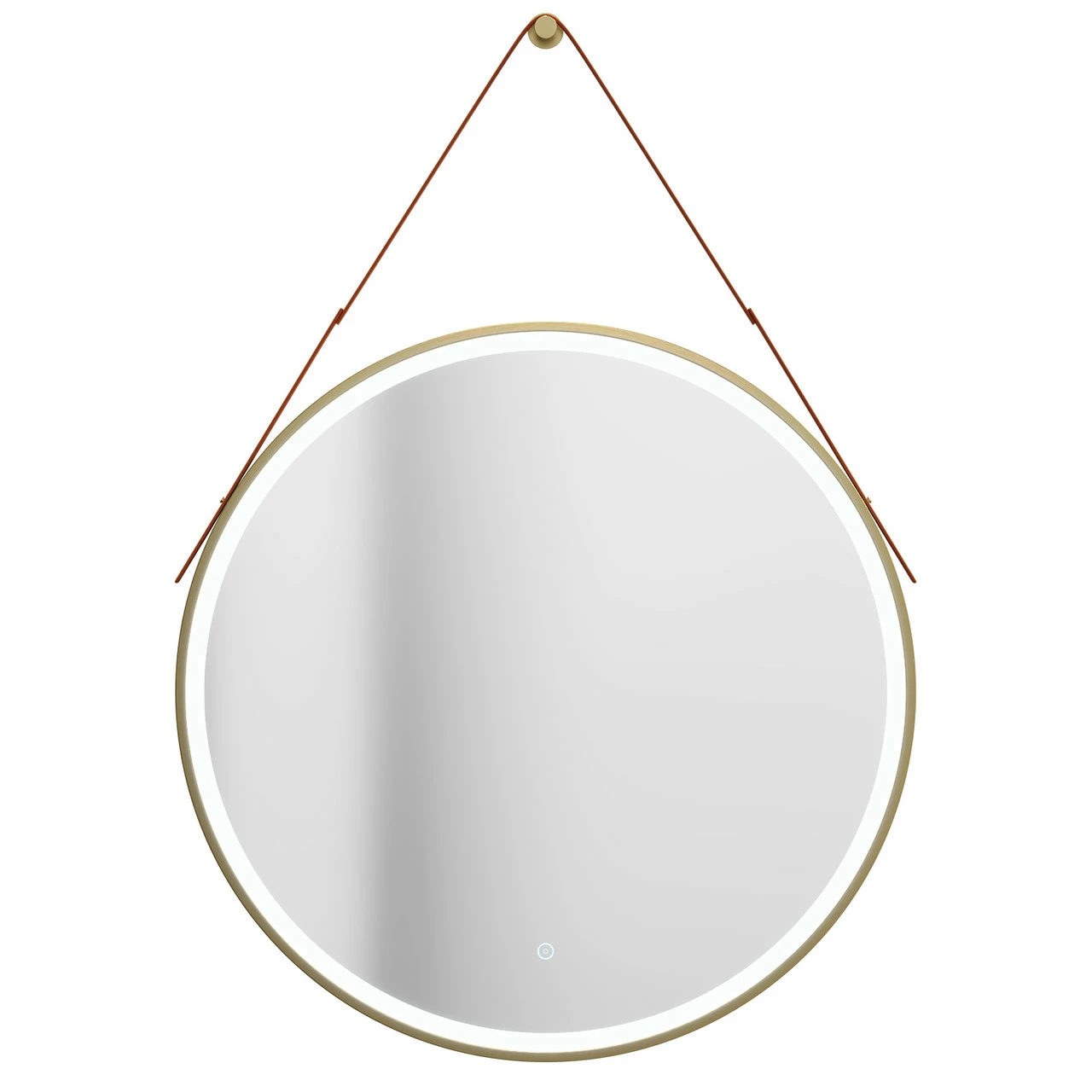 Colore Brushed Brass Frame With Brown Strap 800mm Round Illuminated LED Mirror With Demister And Touch Sensor - Image 2