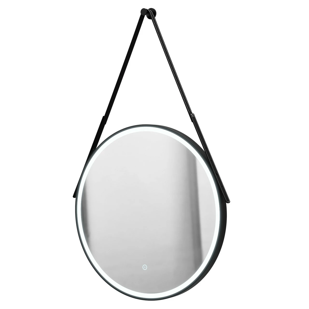 Colore Matt Black Frame With Black Strap 600mm Round Illuminated LED Mirror With Demister And Touch Sensor