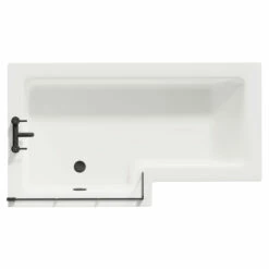 Loire 1500mm Left Hand L Shaped Shower Bath With Matt Black Bath Screen And White Acrylic Front Bath Panel