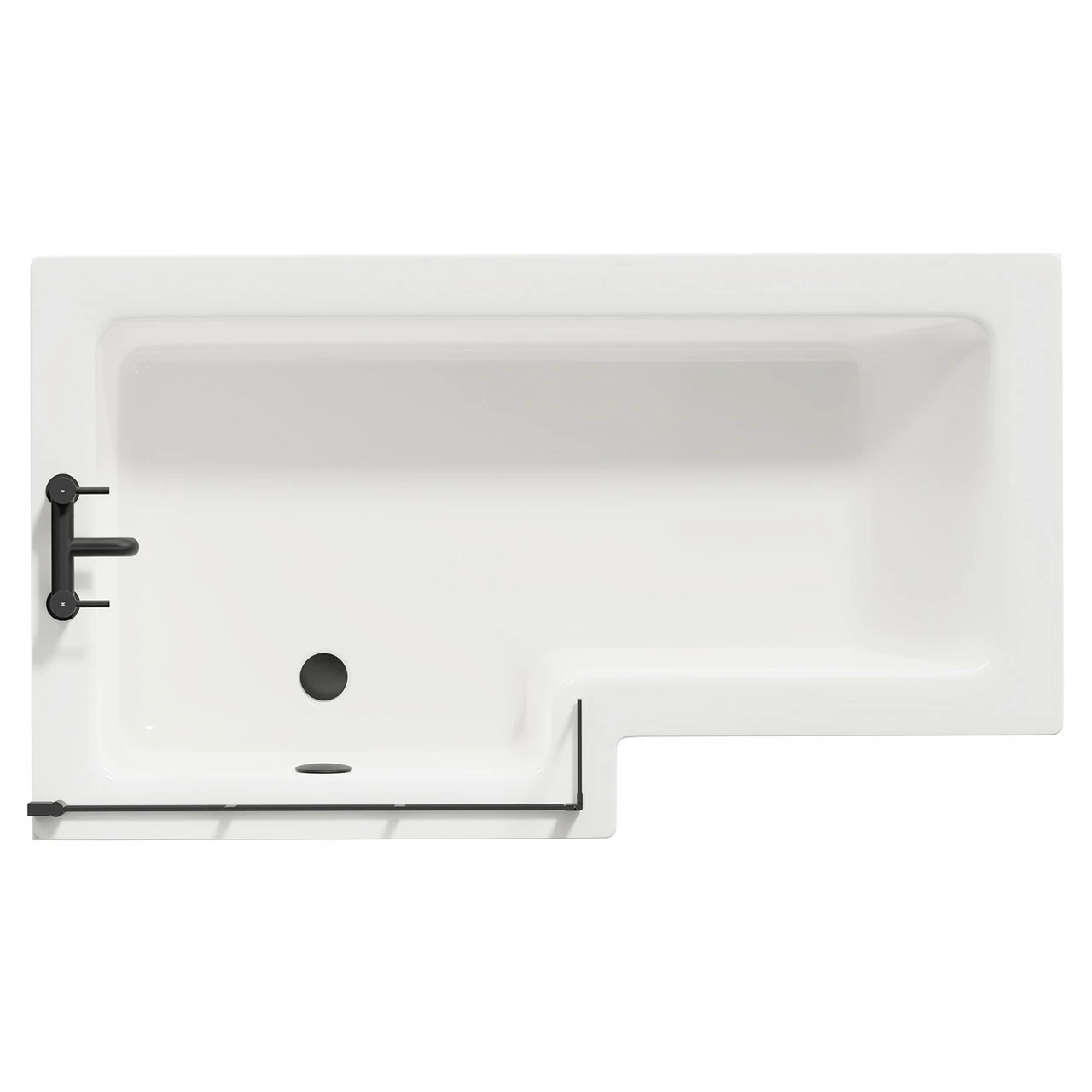 Loire 1500mm Left Hand L Shaped Shower Bath With Matt Black Bath Screen And White Acrylic Front Bath Panel