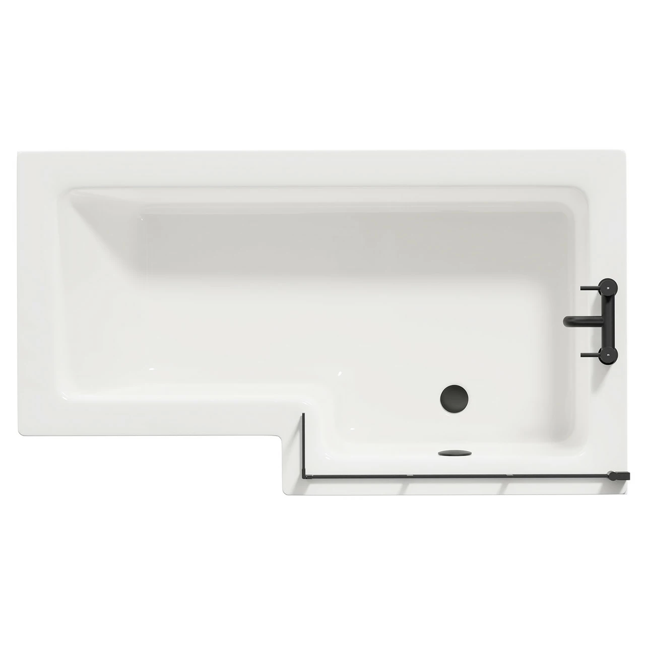 Loire 1500mm Right Hand L Shaped Shower Bath With Matt Black Bath Screen And White Acrylic Front Bath Panel