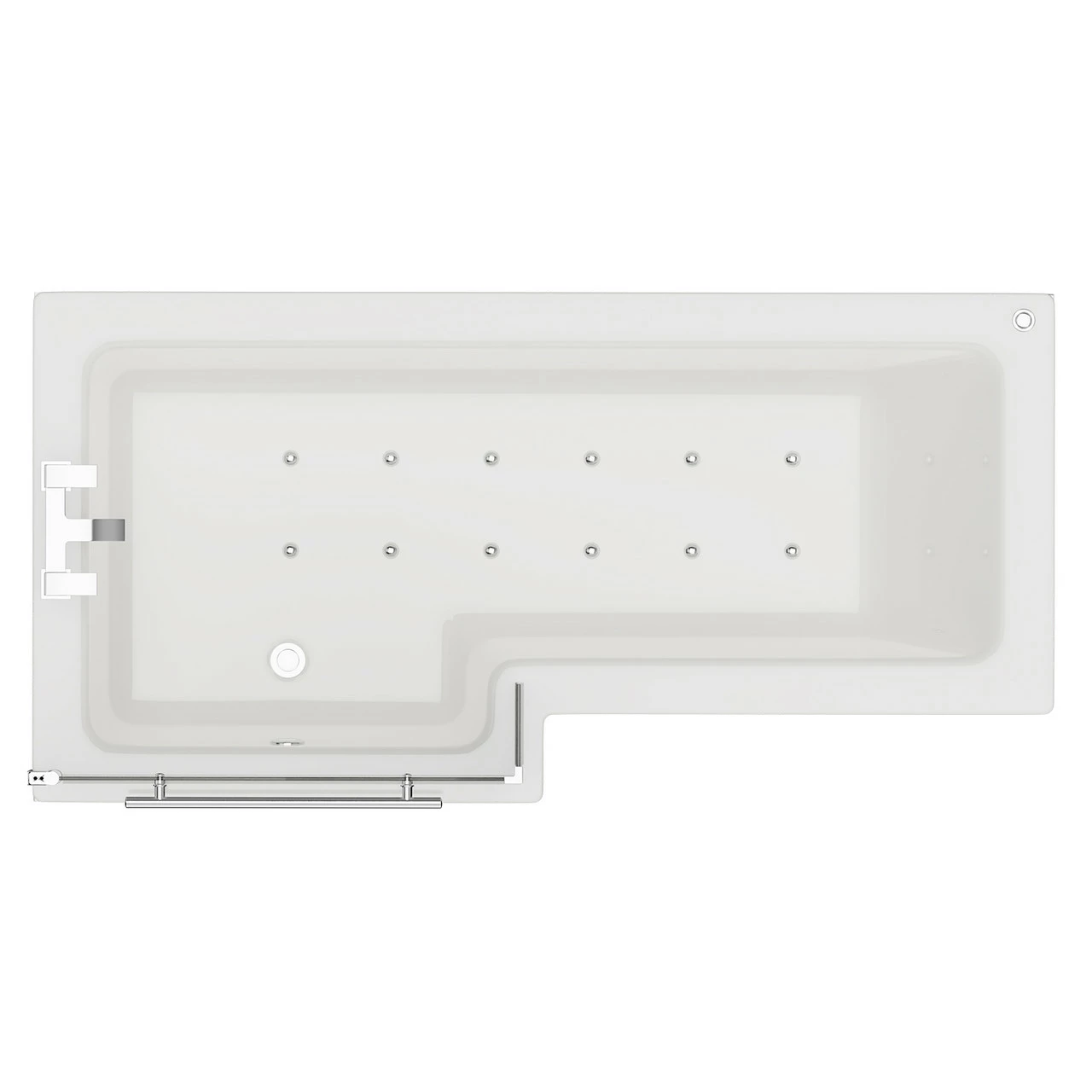 Loire 1700mm 12 Jet Chrome Easifit Left Hand L Shaped Spa Shower Bath With Towel Rail Bath Screen And Front Bath Panel