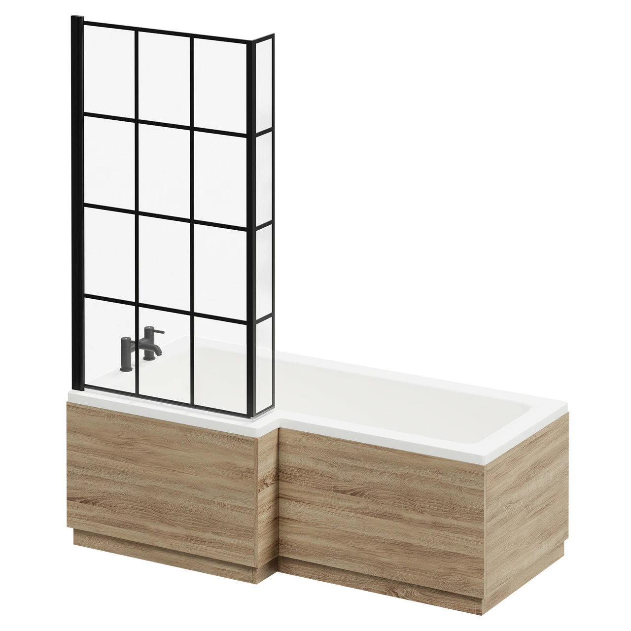 Loire 1700mm Left Hand L Shaped Shower Bath With Matt Black Bath Screen And Bordalino Oak Front And End Bath Panel - Image 2