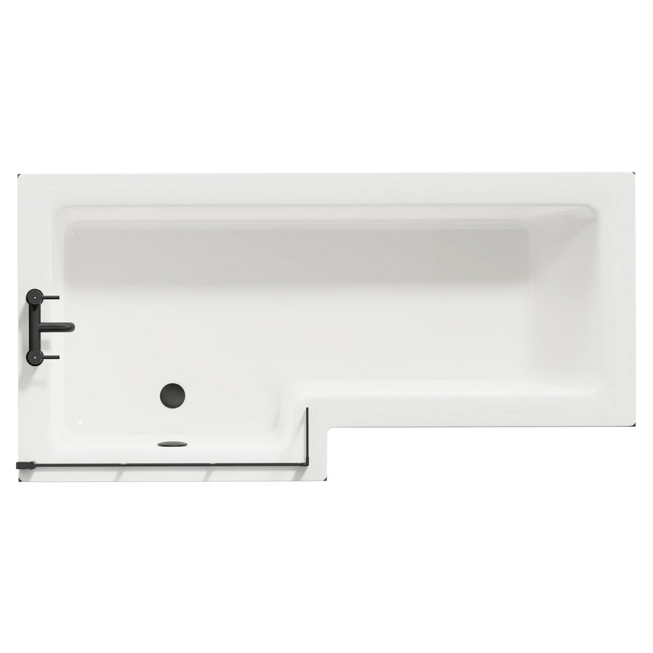 Loire 1700mm Left Hand L Shaped Shower Bath With Matt Black Bath Screen And Gloss Grey Front And End Bath Panel