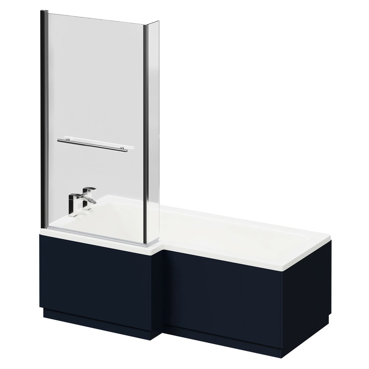 Loire 1700mm Left Hand L Shaped Shower Bath With Polished Chrome Towel Rail Bath Screen And Deep Blue Front And End Bath Panels - Image 2