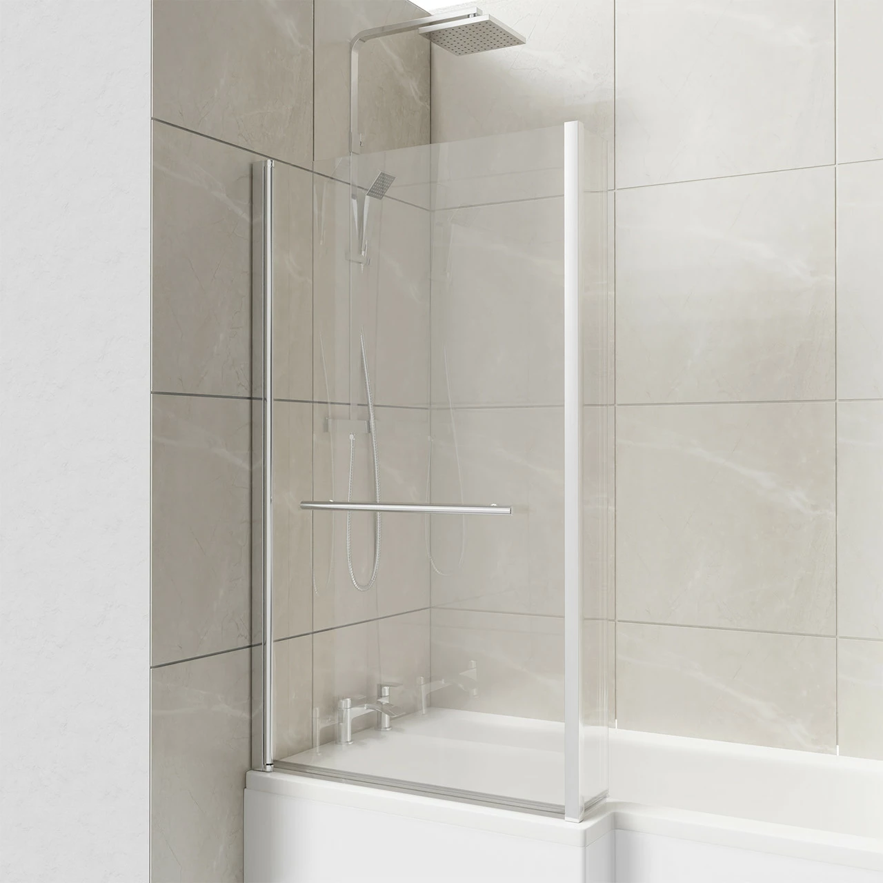 Loire Polished Chrome 805mm Hinged L Shaped Bath Shower Screen With Towel Rail