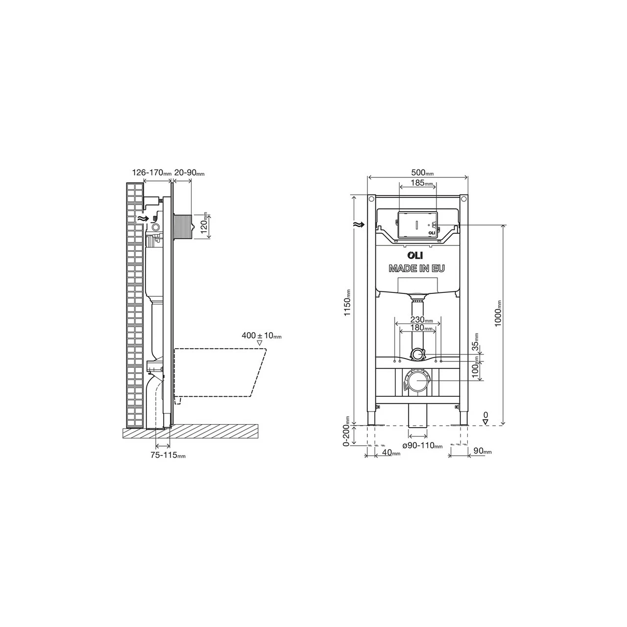 OLI 120 Plus Mechanical Mid Height Concealed Cistern With Wall Frame And Basal Black Soft Touch Dual Flush Plate With Square Buttons - Image 2