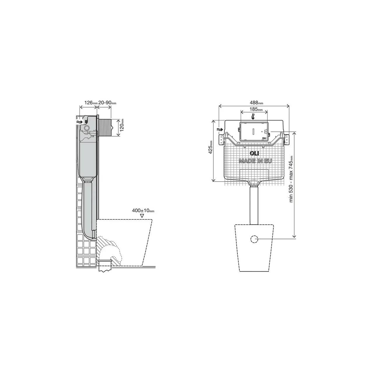 OLI 120 Plus Mechanical Mid Height Concealed Cistern And Basal Black Soft Touch Dual Flush Plate With Square Push Buttons - Image 2