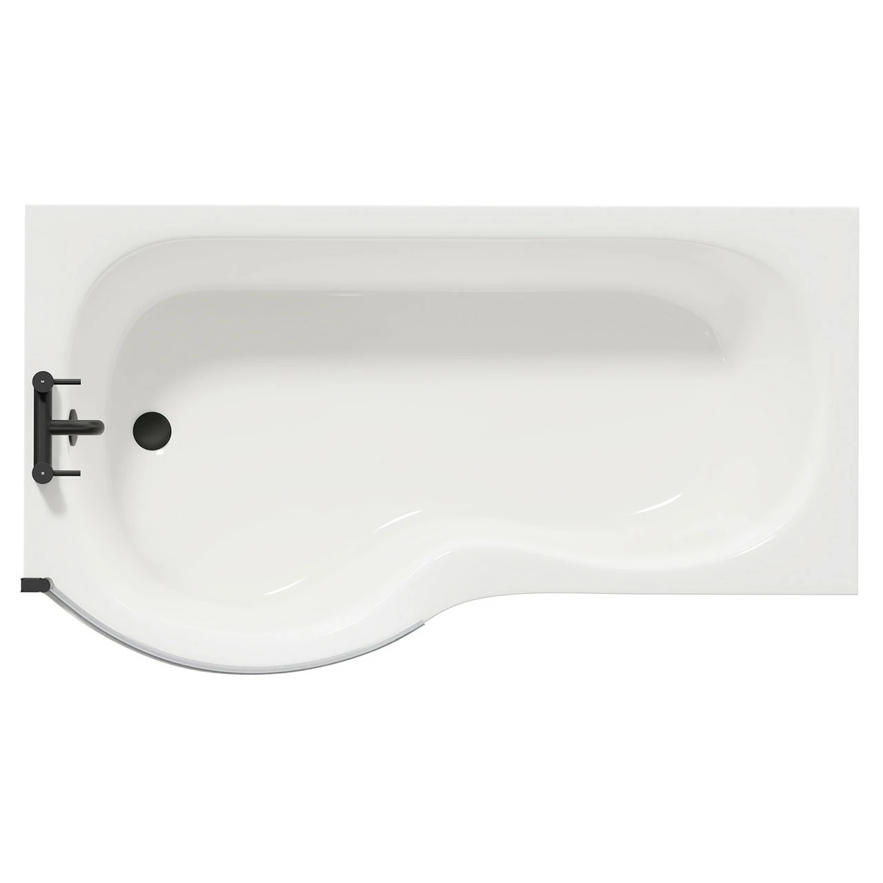 Plage 1500mm Left Hand P Shaped Shower Bath With Matt Black Bath Screen And White Acrylic Front Bath Panel