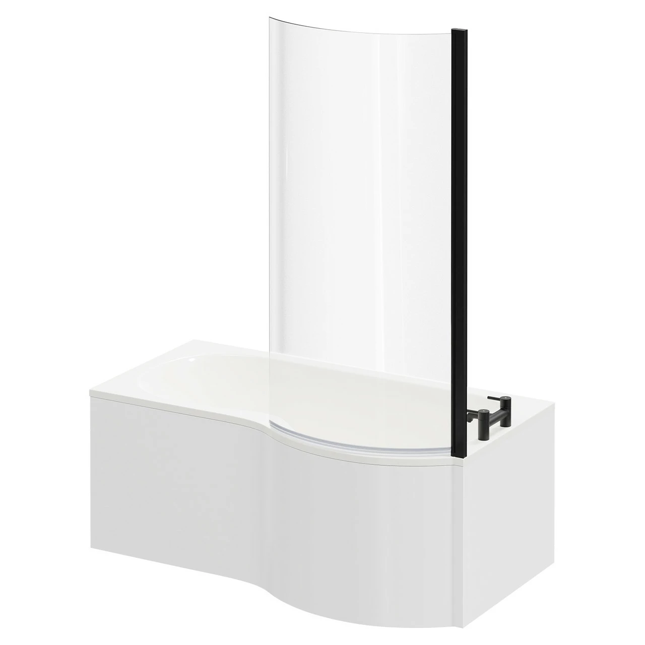 Plage 1500mm Right Hand P Shaped Shower Bath With Matt Black Bath Screen And White Acrylic Front Bath Panel - Image 2