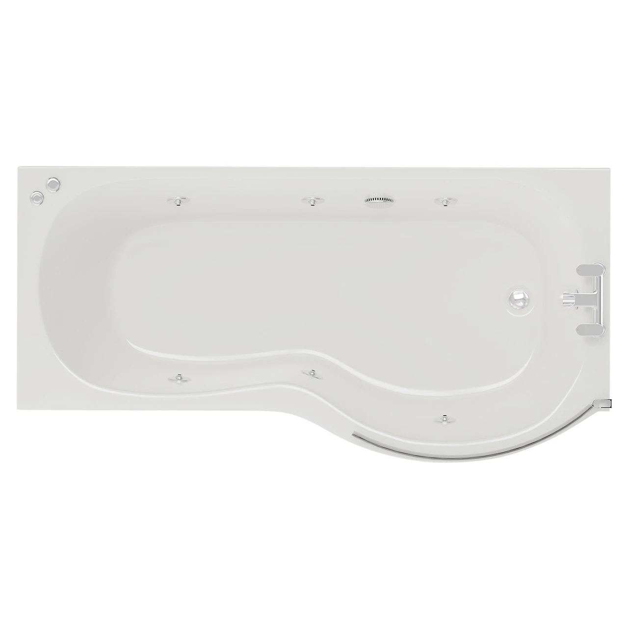 Plage 1700mm 6 Jet Chrome V-Tec Right Hand P Shaped Whirlpool Shower Bath With Bath Screen And Front Bath Panel